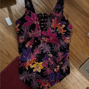 Swim365 Floral Print Lace Up One Piece Swimsuit Womens Colorful